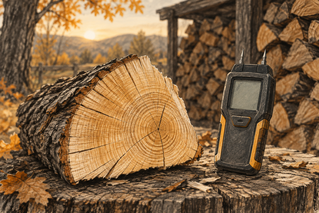 A moisture meter beside a firewood log