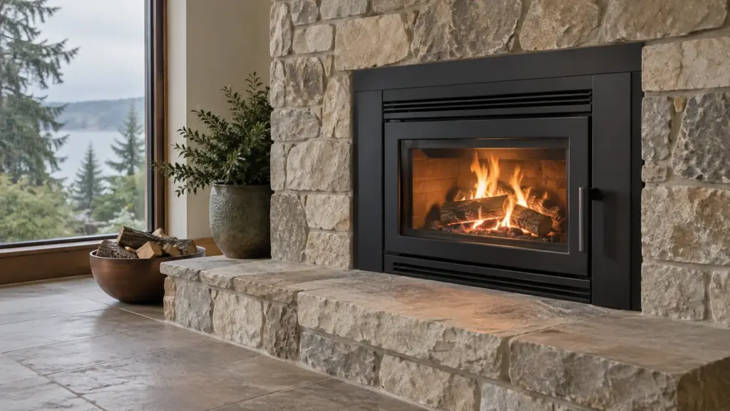 Illustration of a black wood fireplace insert in a natural stone hearth.