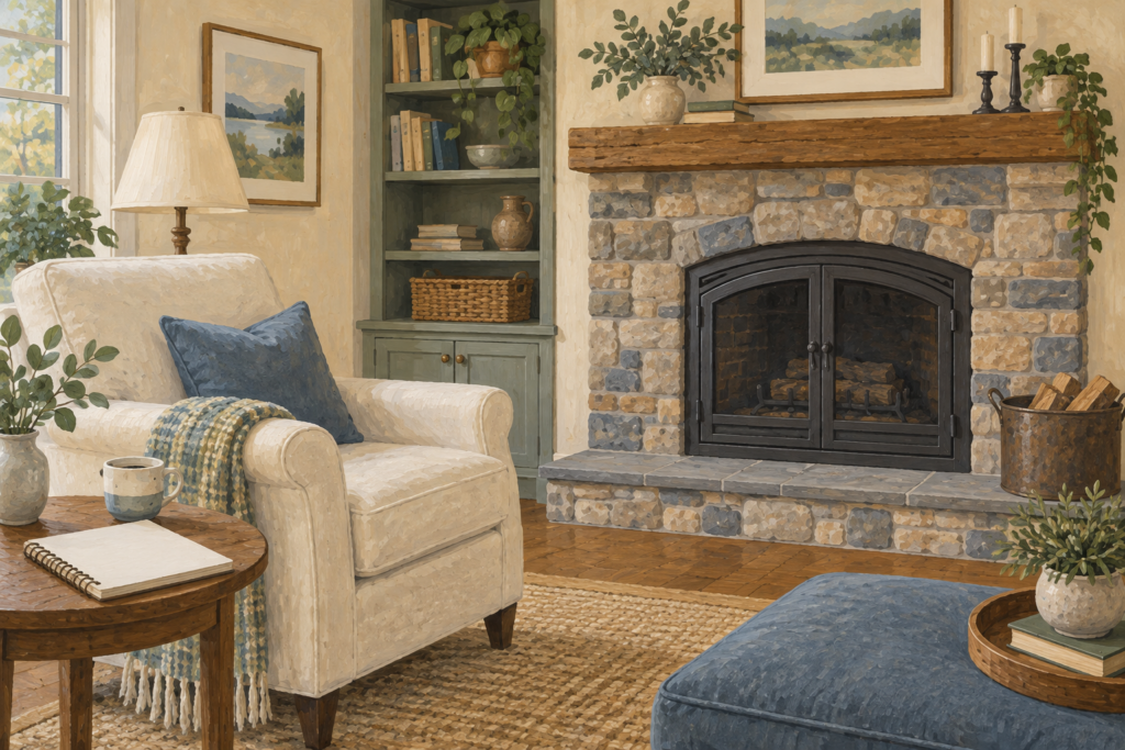 An unlit enclosed fireplace and a notebook in a living room.