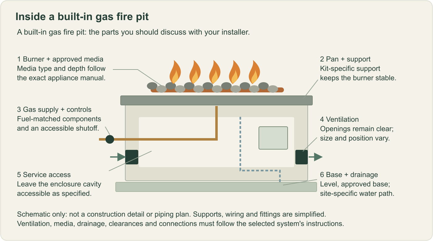 Conceptual gas fire pit cutaway labeling approved media and burner, support pan, fuel supply and controls, ventilation openings, service access, and an approved base with drainage.