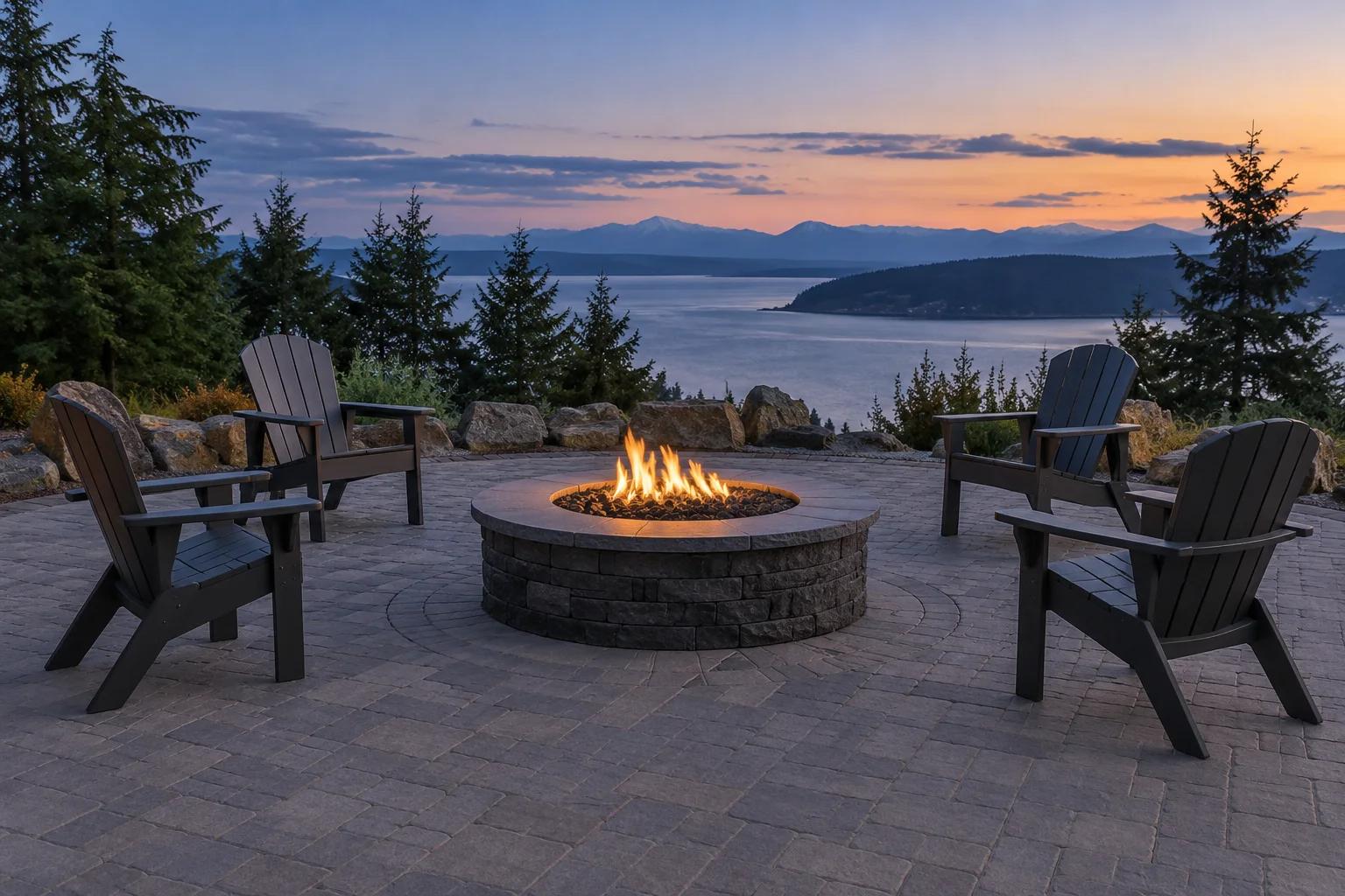 AI-generated illustration of a circular stone gas fire pit on an open paver patio in a Pacific Northwest setting.