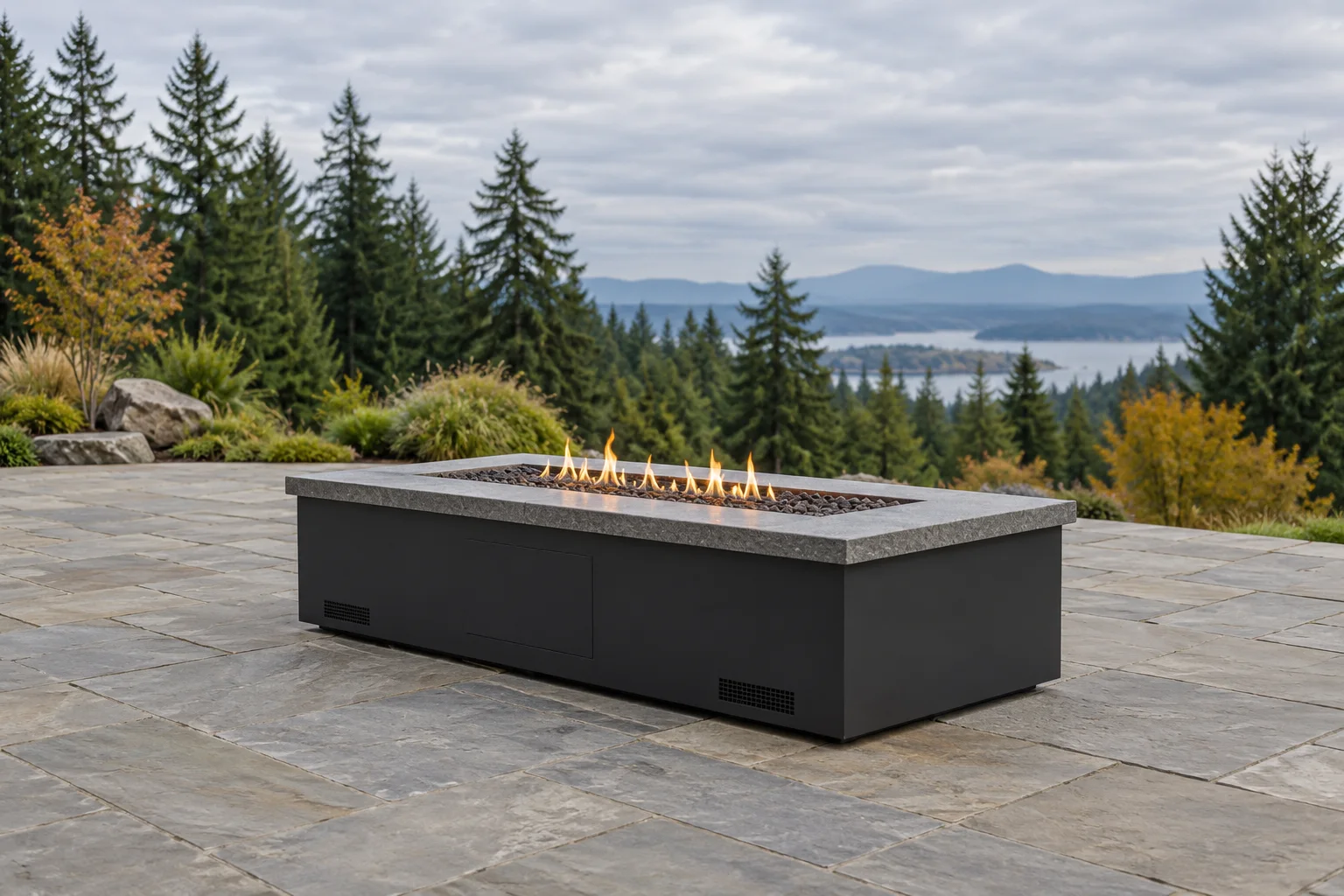 AI-generated illustration of a rectangular gas fire table with visible ventilation openings on an open stone patio.